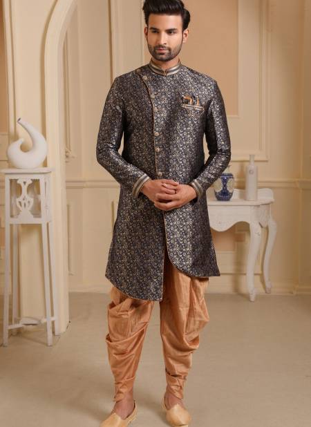 Navy Blue Colour New Party Wear Jacquard Silk Digital Print Indo Western Mens Collection 9218